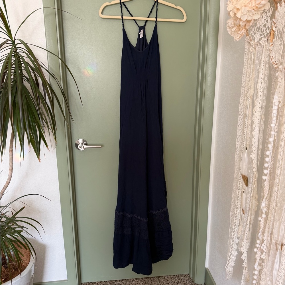 Xhilaration Navy Blue Maxi | Small | Boho Lace Trim Strappy Back Flowy Dress